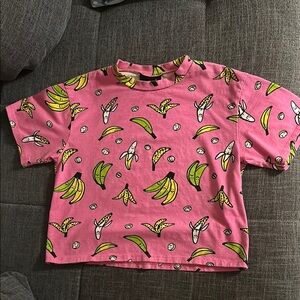 Nooworks Pink and Yellow Banana Print Short Sleeve Tee S